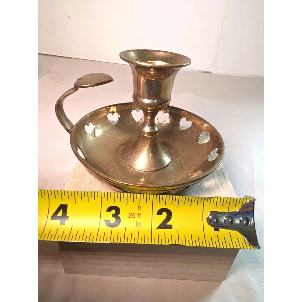 Vintage Solid Brass Candle Holder Chamberstick Heart Cut Outs Handle Taper 3.75